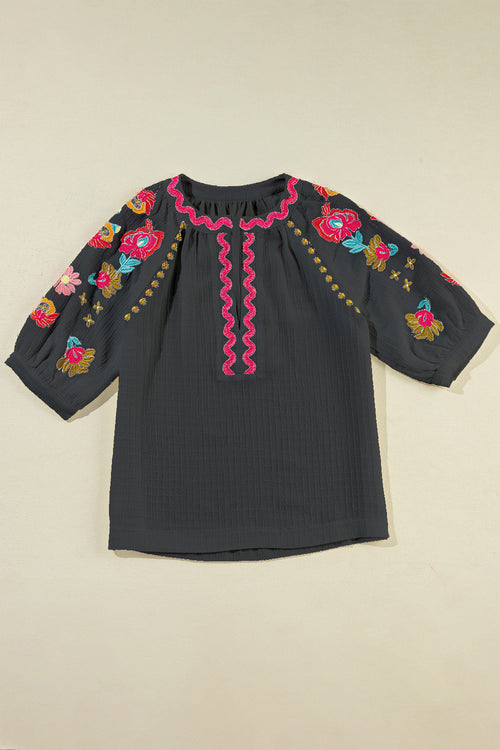 Embroidered Notched Half Sleeve Blouse