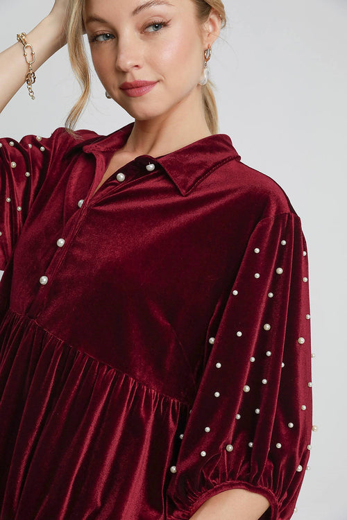 Umgee Pearl Detail Collared Neck Velvet Babydoll Blouse