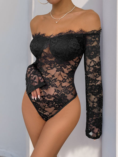 Perfee Lace Off-Shoulder Long Sleeve Bodysuit