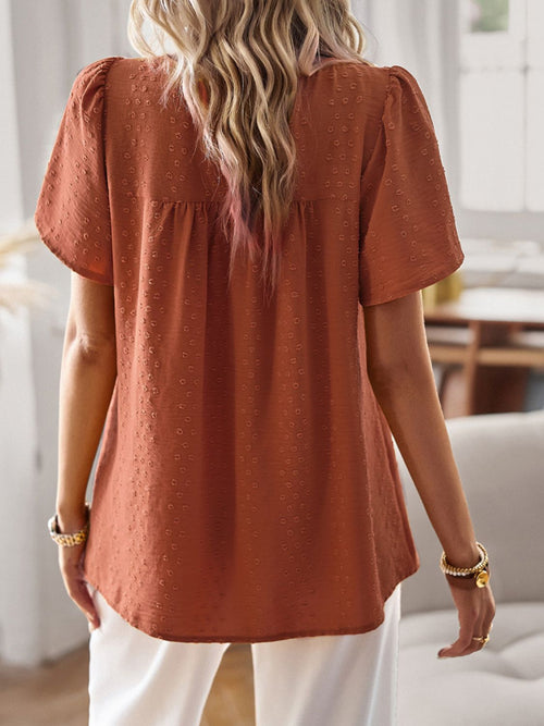 Devine Lace Detail Round Neck Short Sleeve Blouse