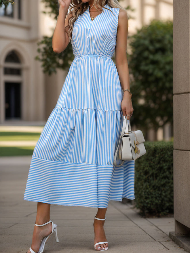 Perfee Striped Notched Sleeveless Midi Dress