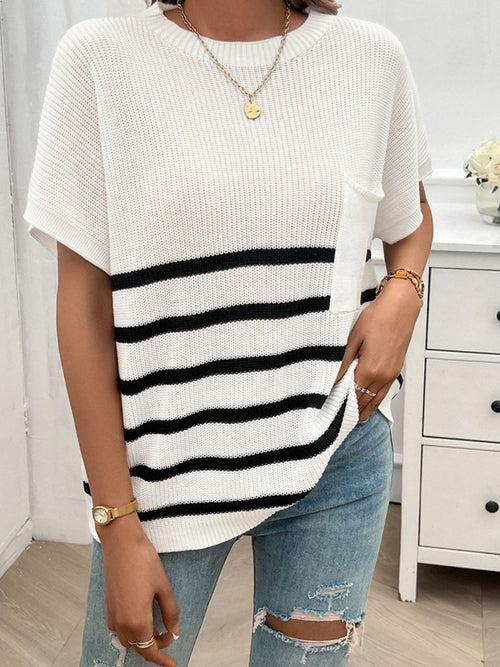 Devine Striped Round Neck Short Sleeve Sweater