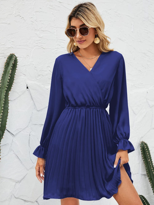 Surplice Flounce Sleeve Pleated Mini Dress