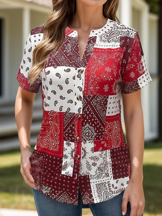 Printed Notched Short Sleeve Blouse