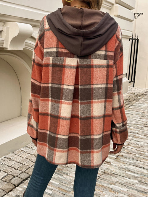 Devine Drawstring Plaid Long Sleeve Hoodie