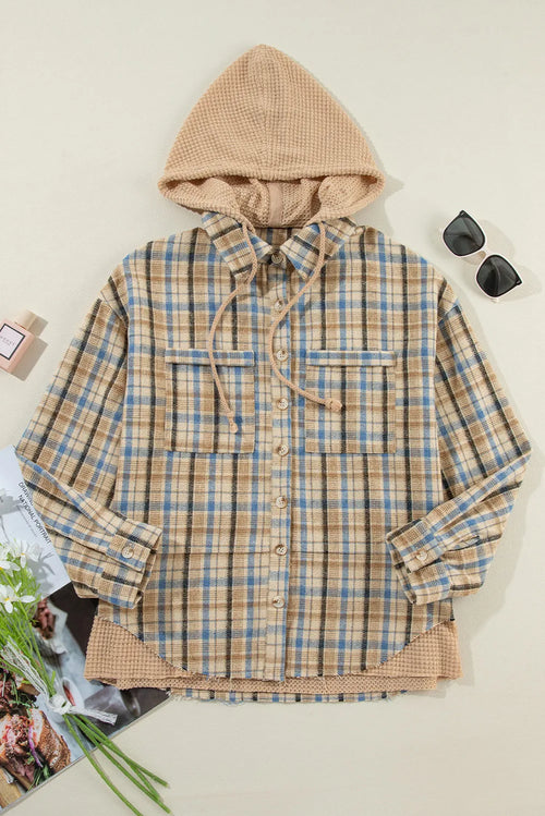 Drawstring Plaid Button Up Hooded Shacket