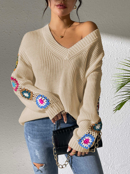 Crochet Flower V-Neck Sweater