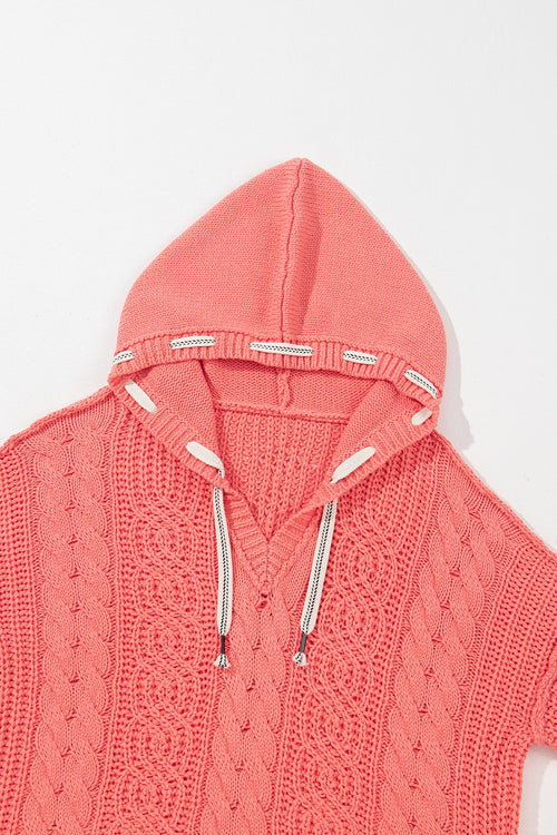 Drawstring Cable-Knit Hooded Sweater