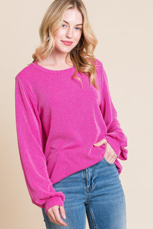 BOMBOM Long Sleeve Curved Hem Ribbed T-Shirt