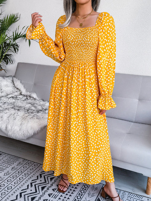 Smocked Square Neck Flounce Sleeve Dress