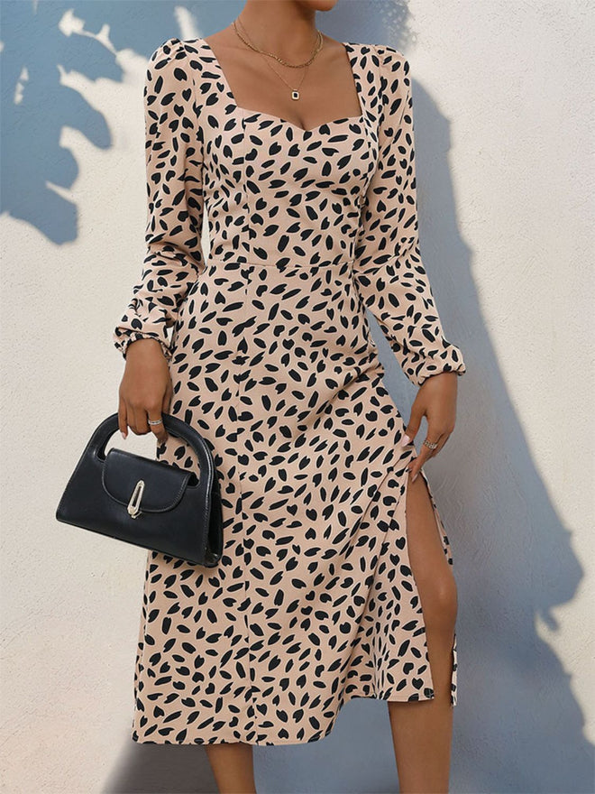 Perfee Tied Slit Printed Long Sleeve Midi Dress