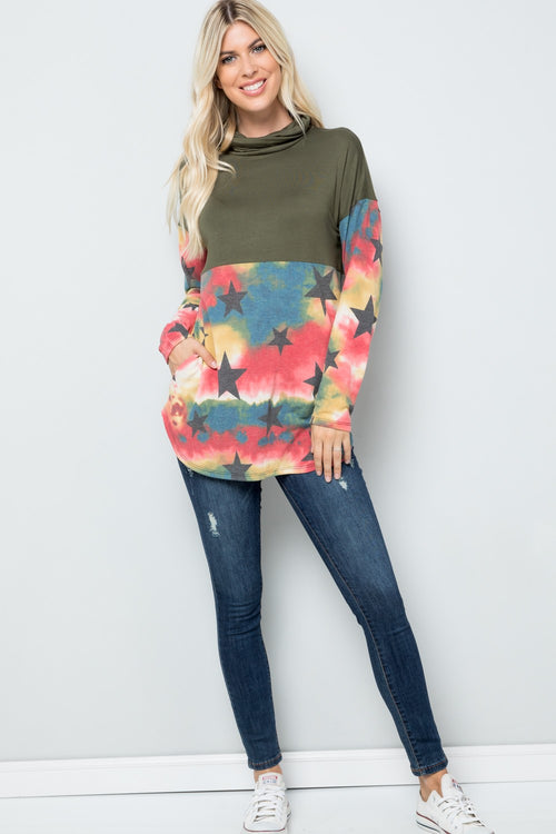 Celeste Full Size Tie-Dye Star Print Long Sleeve Blouse