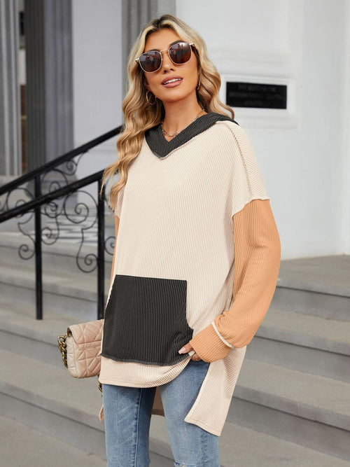 Double Take Contrast Hooded Long Sleeve Top