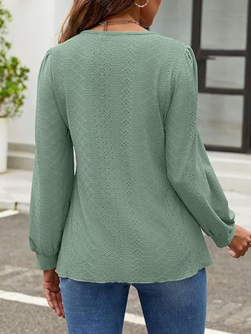 Eyelet Round Neck Long Sleeve Top