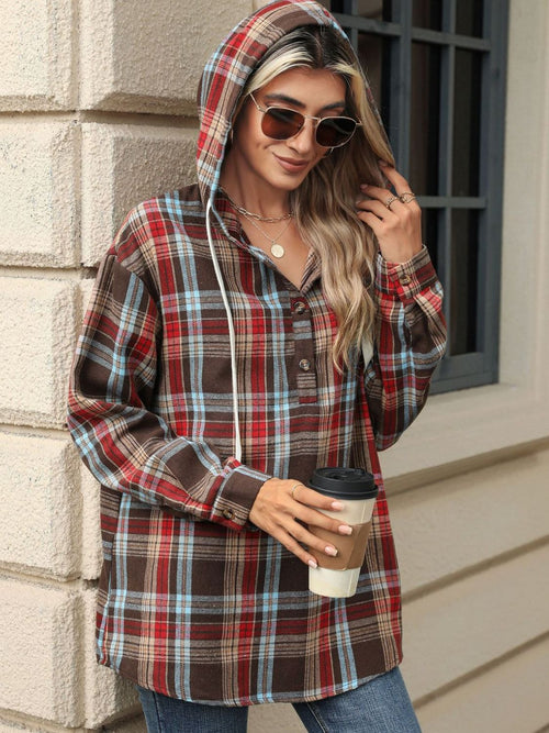 Drawstring Plaid Hooded Long Sleeve Top