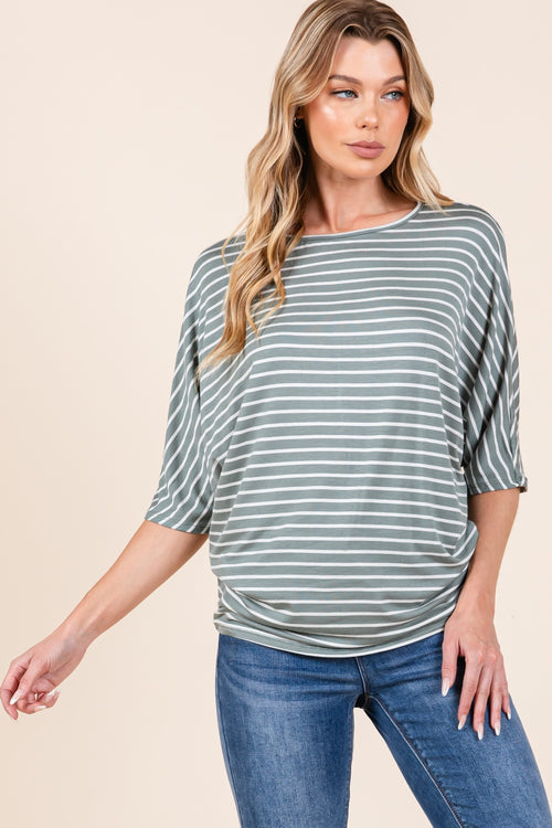 BOMBOM Striped Boat Neck Dolman Sleeve Top