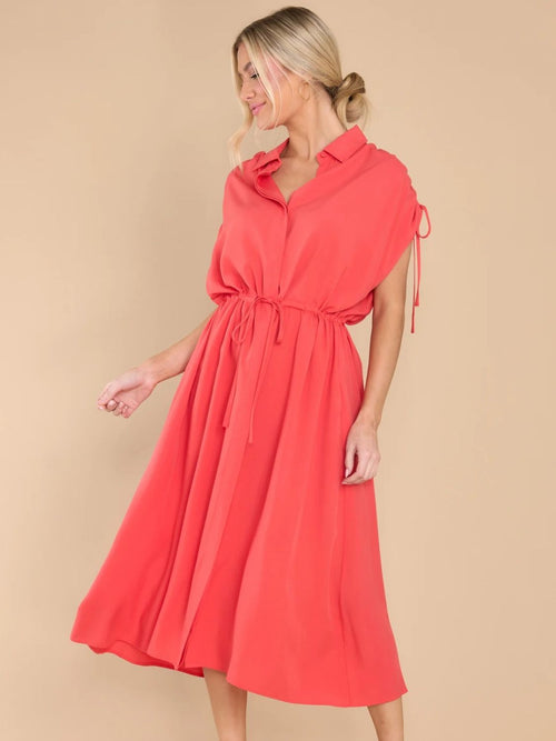 Drawstring Collared Neck Short Sleeve Midi Dress