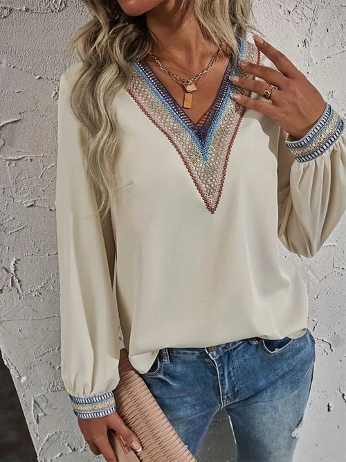 Contrast V-Neck Long Sleeve Blouse