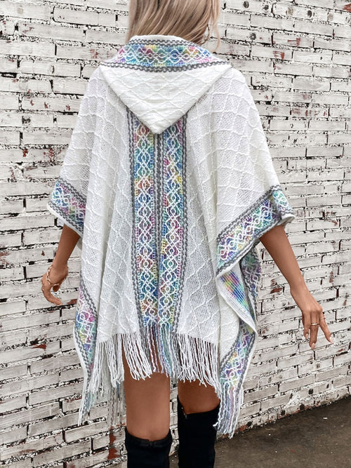 Fringe Half Sleeve Hooded Poncho