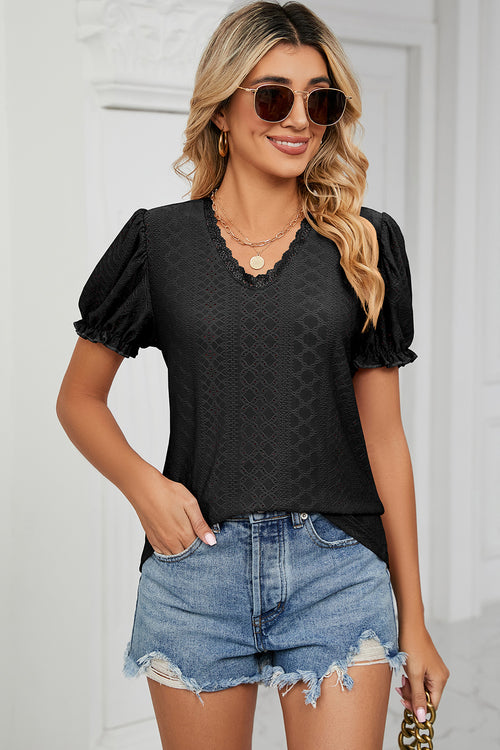 Eyelet V-Neck Short Sleeve Top