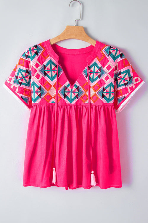 Embroidered Tie Neck Short Sleeve Blouse