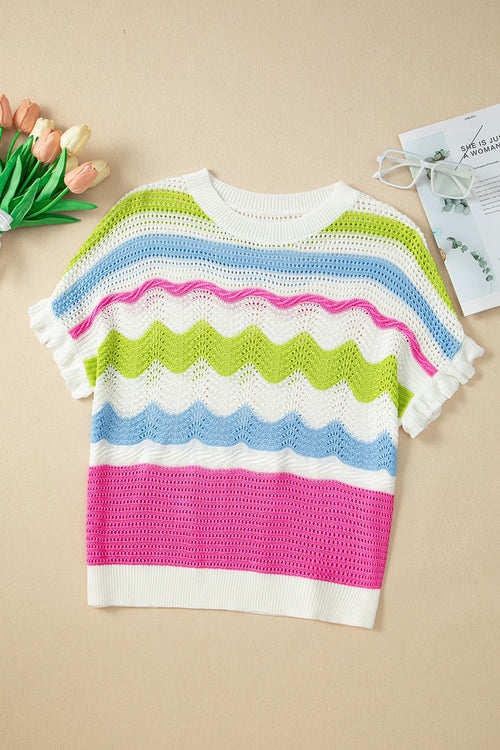 Openwork Color Block Round Neck Knit Top