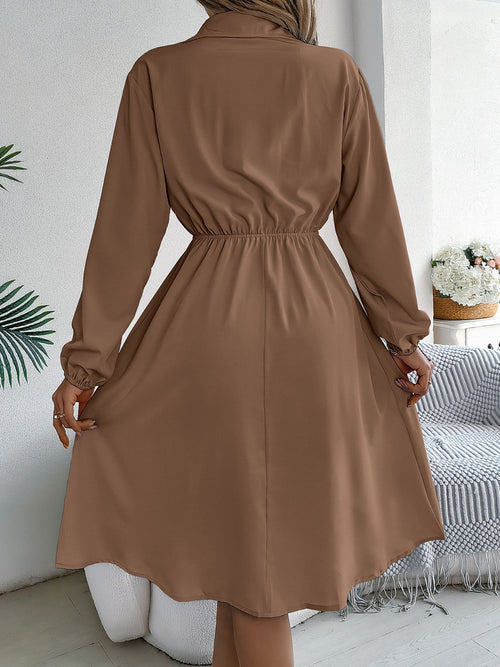 Collared Neck Long Sleeve Dress with Pockets