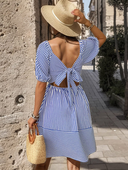 Perfee Smocked Striped Balloon Sleeve Mini Dress