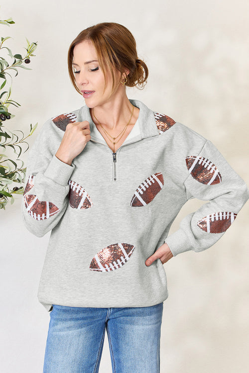 Full Size Sequin Football Half Zip Long Sleeve Sweatshirt