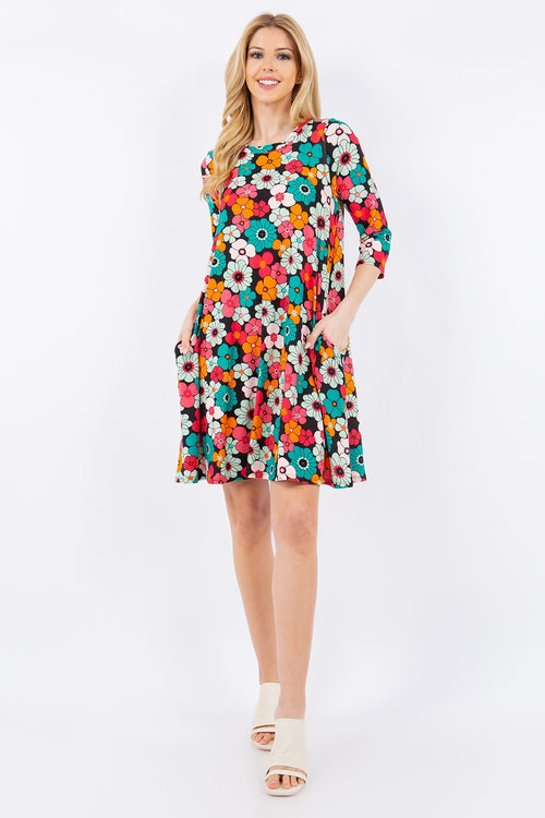 Celeste Full Size Floral Three-Quarter Sleeve Dress with Pockets