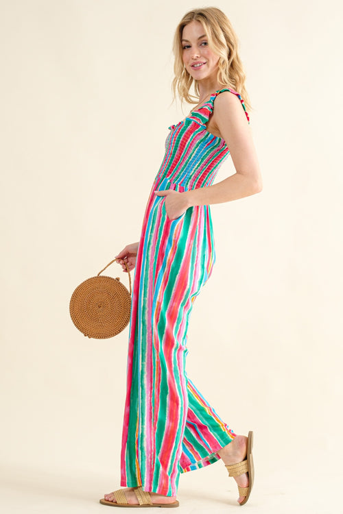 And The Why Full Size Striped Smocked Sleeveless Jumpsuit