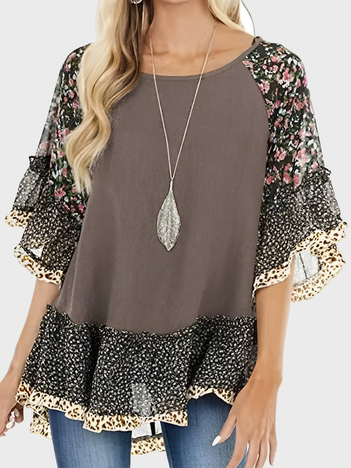 Full Size Frill Printed Round Neck Half Sleeve Blouse