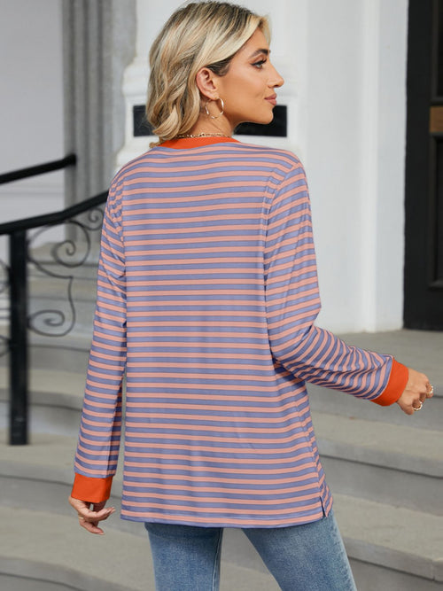 Pocketed Striped Round Neck Long Sleeve T-Shirt