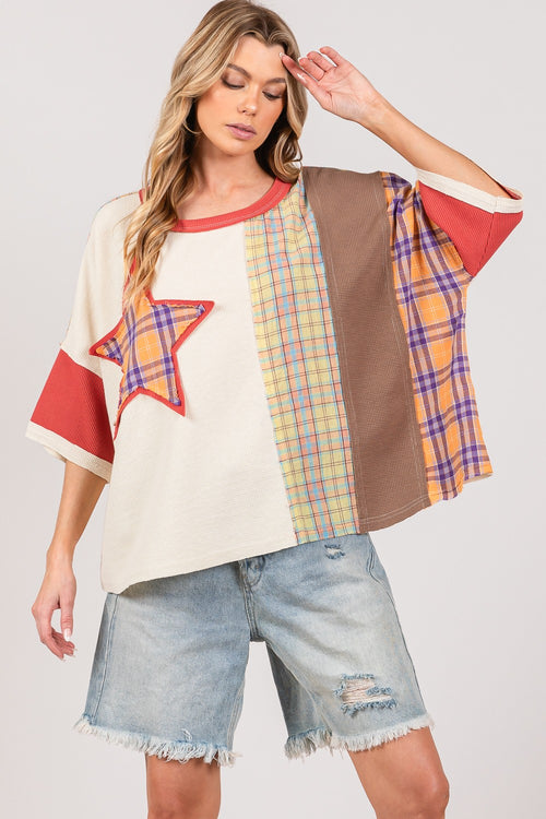 SAGE + FIG Round Neck Plaid Star Patch T-Shirt