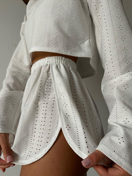 Eyelet Round Neck Top and Shorts Set