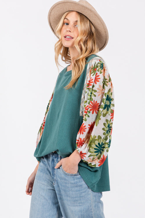 SAGE + FIG Full Size Printed Balloon Sleeve Contrast Top