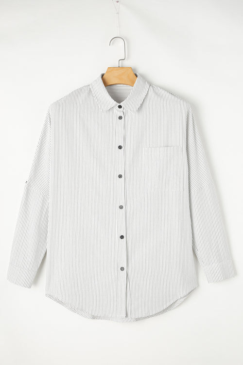 Pocketed Striped Collared Neck Long Sleeve Shirt