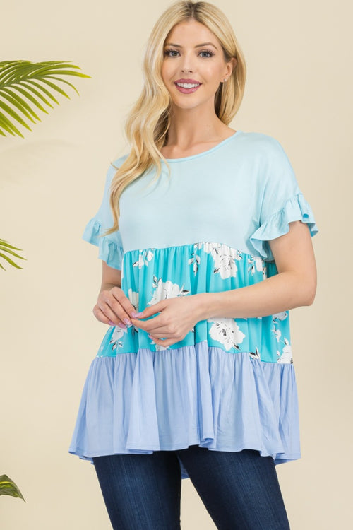 Celeste Full Size Floral Color Block Ruffled Short Sleeve Top