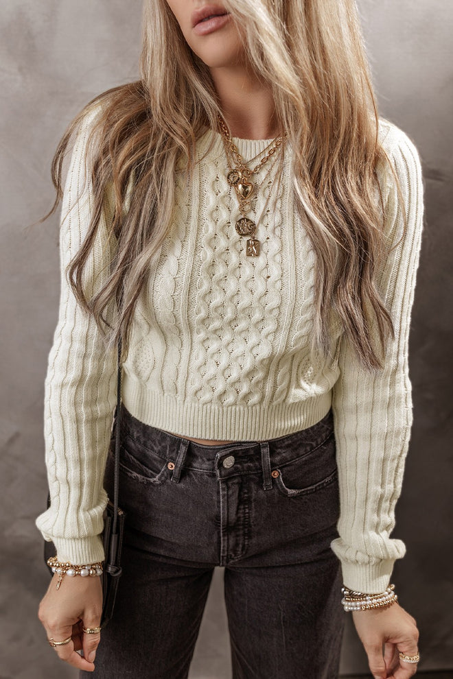 Cable-Knit Round Neck Long Sleeve Sweater