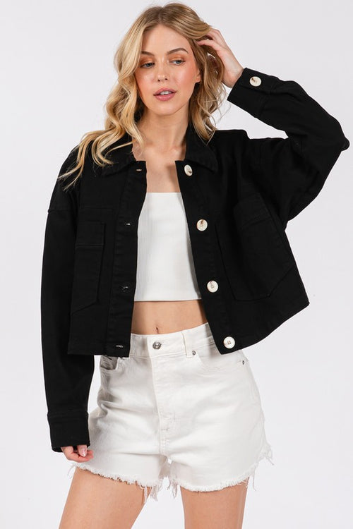 bytos Button Down Cropped Denim Jacket with Patch Pockets