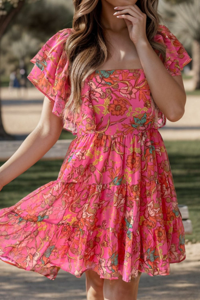 Ruffled Printed Square Neck Dress