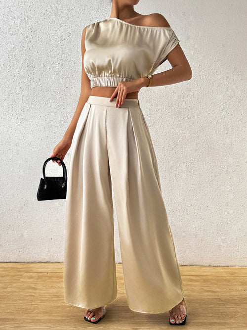 Honey One Shoulder Short Sleeve Top and Wide Leg Pants Set