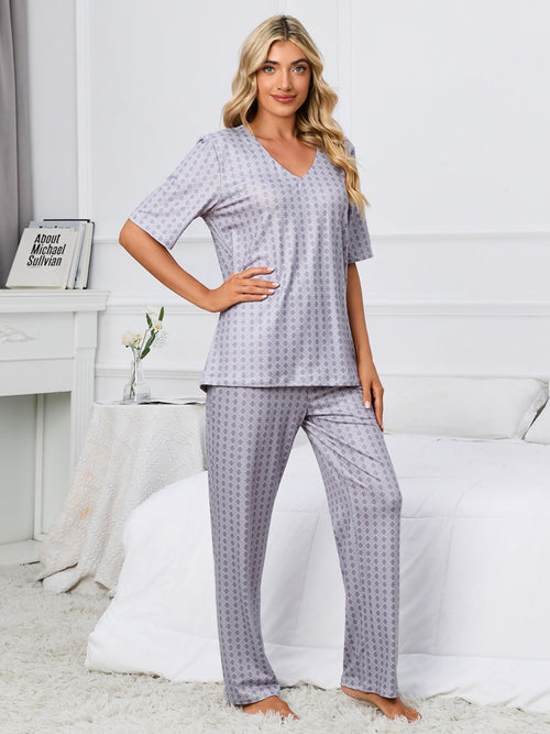 Printed V-Neck Top and Pants Lounge Set