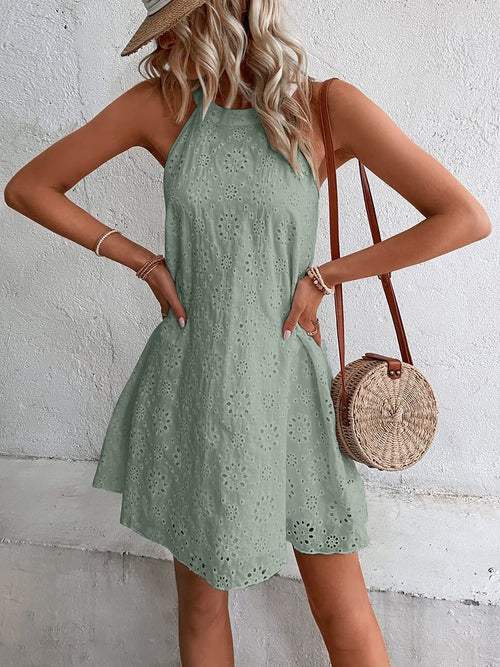 Eyelet Grecian Neck Mini Dress