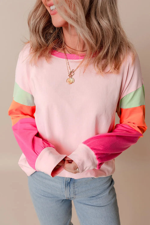 Color Block Round Neck Long Sleeve Top