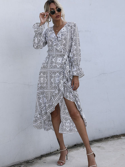 Perfee Ruffled Slit Surplice Long Sleeve Dress