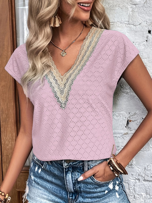 Eyelet V-Neck Cap Sleeve Blouse