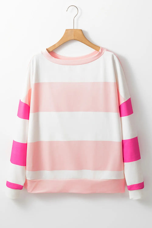 Contrast Color Block Round Neck Long Sleeve Top