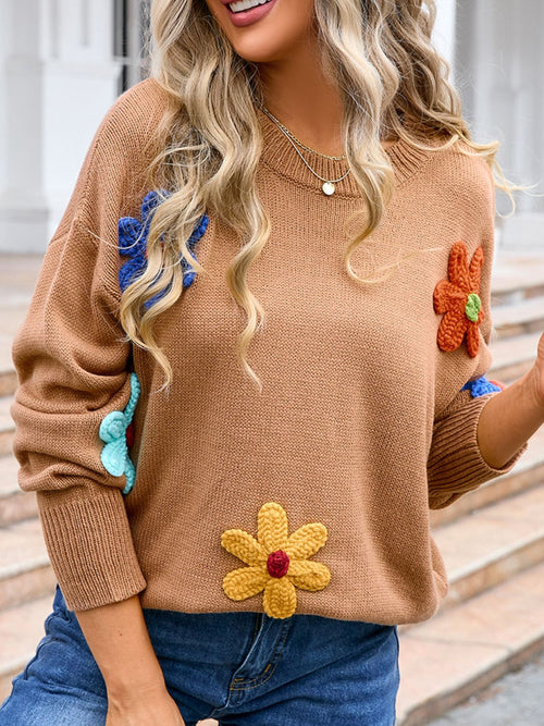 Angel Wings Crochet Flower Round Neck Sweater