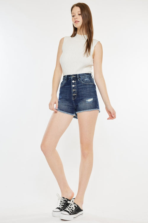 Kancan Raw Hem Button Fly Denim Shorts